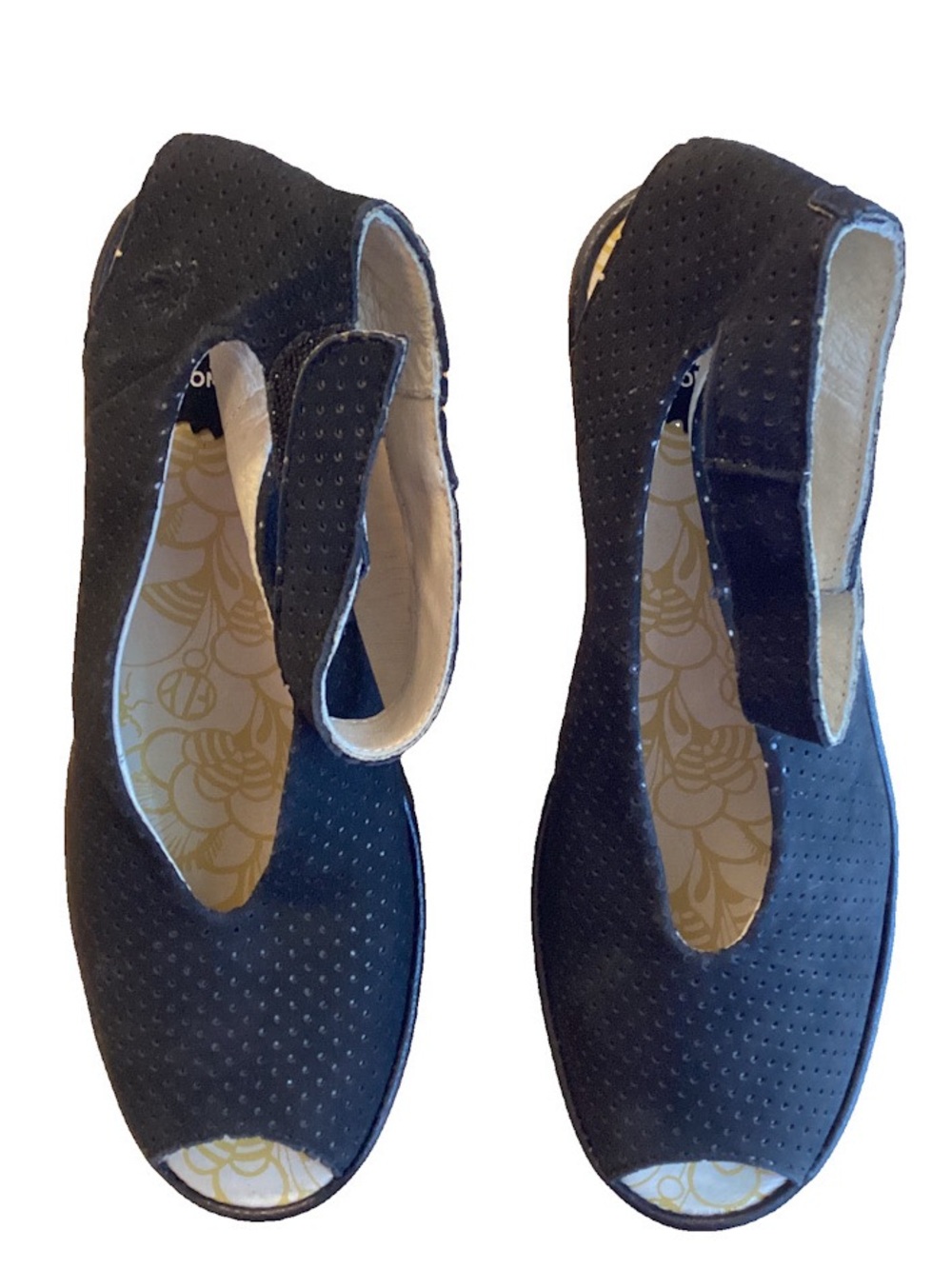 Fly London Yala Black Perforated Peep-Toe Wedge Sandals